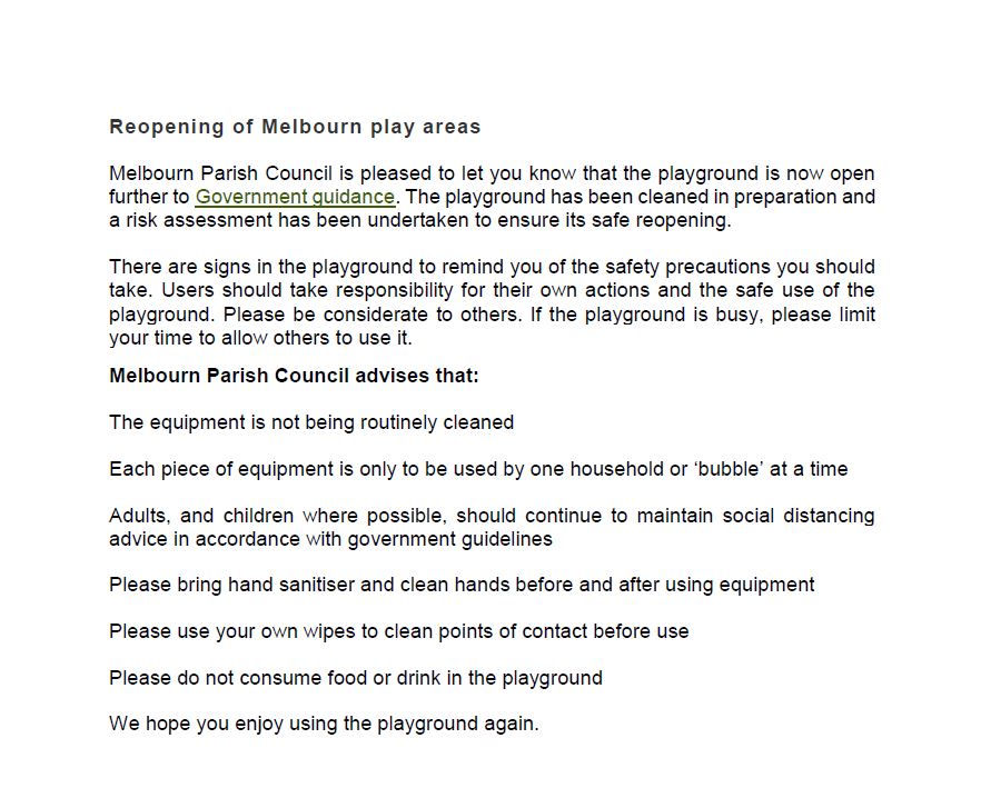 Reopening of Play area notice