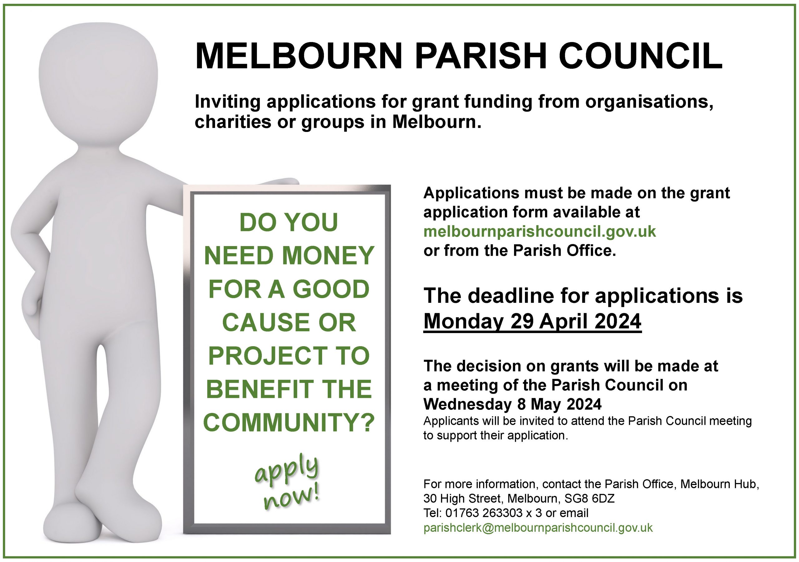 Poster advertising the Melbourn Parish Council community grant applications